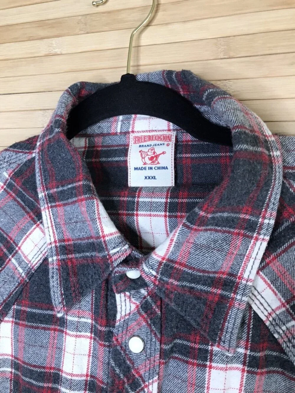 True Religion Pearl Snap Shirt Western Plaid Long Sleeve Gray red xxxl 46